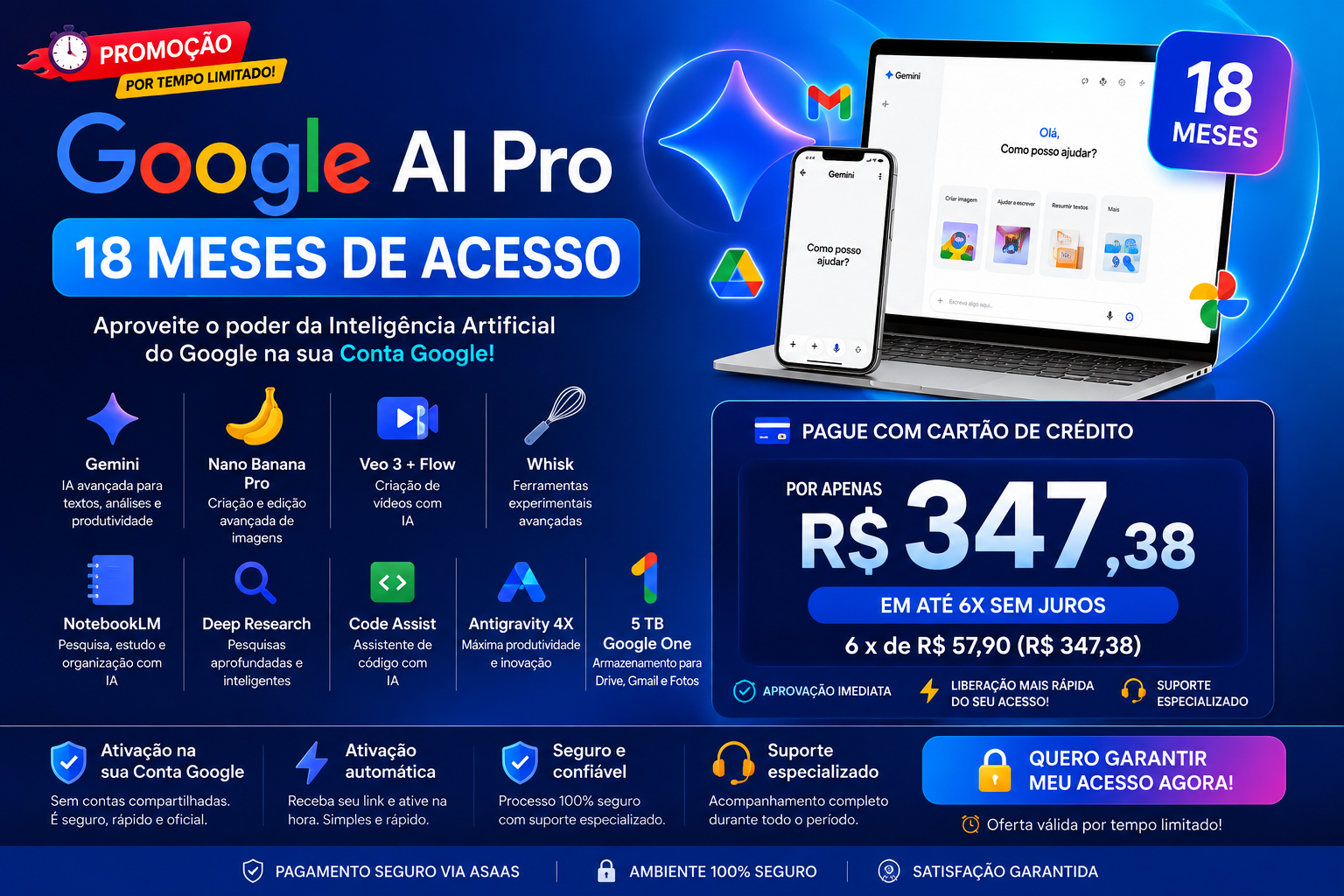 Oferta Google AI Pro no cartão por R$ 347,38 em até 6 parcelas